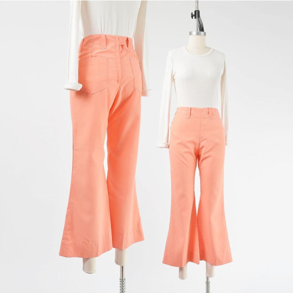 Vintage 70s Peach Bell Bottom Pants High Waisted Flare Hippie Disco Trousers XS